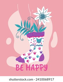 Piernas con calcetines decorados con huellas de gatos coloridas y huellas de gatitos. Afiche vector feliz Ropa interior elegante, accesorios de calzado de moda. Calcetines para niños con flores