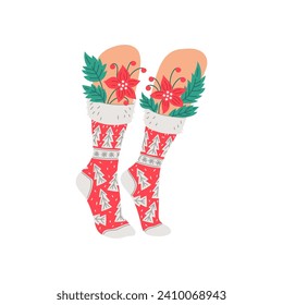 Legs dressed in socks decorated cute Christmas patterns. Red knee socks with white Christmas trees and snowflakes pattern. Stylish underwear with Poinsettia. Footwear accessories vector illustration