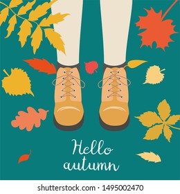 Legs and falling leaves around. Hello Autumn concept. Vector illustration.