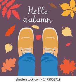 Legs and falling leaves around. Hello Autumn concept. Vector illustration.