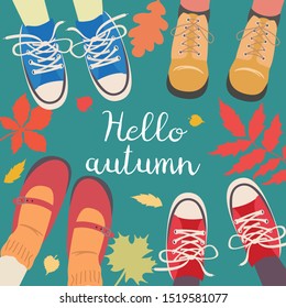 Legs and falling leaves around. Hello Autumn concept. Vector illustration.