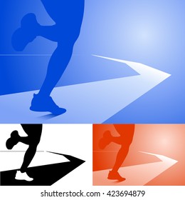 Legs of a fit muscular athlete running along a track or path disappearing to infinity on a gradient colored background in three color variations, vector silhouette