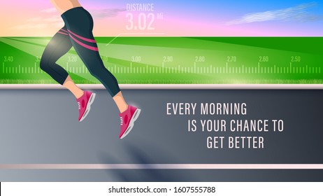 Legs fitness woman running on the asphalt road, side view closeup. Female athlete runners compete in cross. Detailed vector illustration stock with space for text.