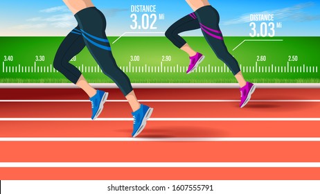 Legs fitness woman running on the red track in the stadium, side view closeup. Two female athletes runners compete in cross. Detailed vector illustration stock.