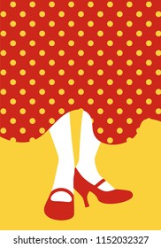 Legs of flamenco dancer and typical Spanish polka dot dress. Spanish-style shoes tapping