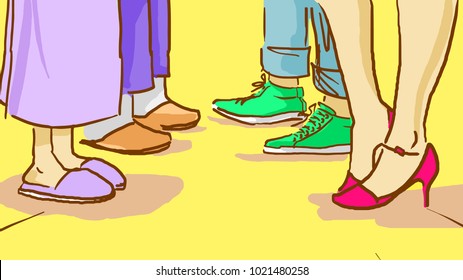 Legs Of Four People. Parents And Adult Children, Bottom View. Colorful Cartoon Vector Sketch.