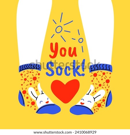 Legs in funny socks with cute white bunnies on yellow background, vector illustration. Fun colorful foot accessories, with painted rabbits and lettering. Cartoon style.