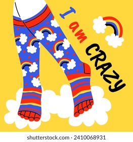 Legs in funny socks on bright yellow background, vector illustration. Fun colorful striped foot accessories, with cute rainbow print and lettering.