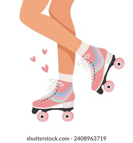 Legs of a girl in retro roller skates and socks. Woman on roller skates. Retro illustration in flat style. Vector