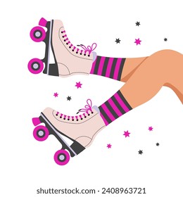 Legs of a girl in retro roller skates and socks. Woman on roller skates. Retro illustration in flat style. Vector