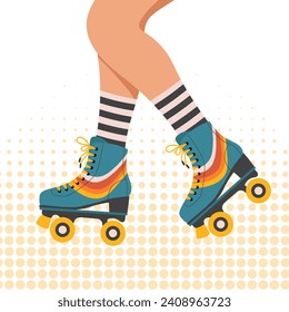 Piernas de una niña en patines de rodillos retro y calcetines. Mujer sobre patines. Ilustración retro de estilo plano. Vector