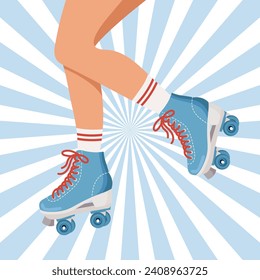 Legs of a girl in retro roller skates and socks. Woman on roller skates. Retro illustration in flat style. Vector