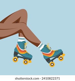 Legs of a girl in retro roller skates and socks. Woman on roller skates. Retro illustration in flat style. Vector