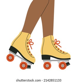 Legs of a girl in roller skates. Sport and disco. Retro fashion style from 80s. Cute vector illustration in trendy colors. Hand drawn style. 