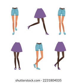 Legs of girl in skirt and shorts collection. Teenage girl character creation cartoon vector illustration