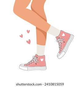 Legs of a girl in sports sneakers. Woman in retro sports shoes. Retro illustration in flat style. Vector