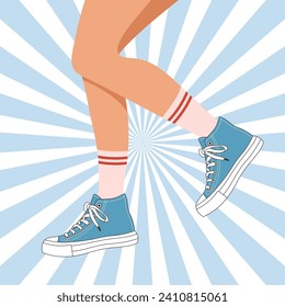 Piernas de una chica en las zapatillas deportivas. Mujer con zapatos deportivos retro. Ilustración retro de estilo plano. Vector