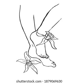 legs of the girl with vanilla flowers on a white background. hand draw. sketch. vector isolated. black and white illustration