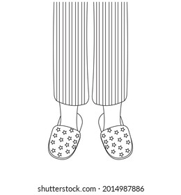 Legs of girls in pajamas and slippers, black outline, isolated vector illustration in the flat style