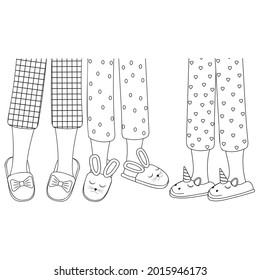 Legs of girls in pajamas and slippers, black outline, isolated vector illustration in the flat style