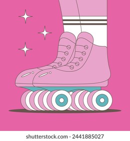 Legs of girls in retro roller skates and socks. Roller skating woman. 70s or 80s roller disco concept. Flat vector illustration