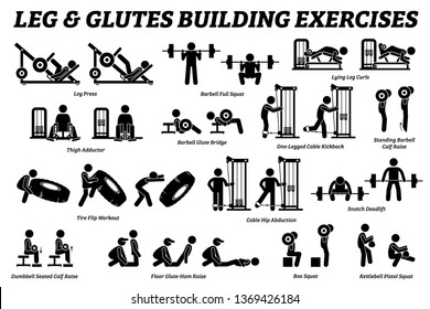 Legs and glutes building exercise and muscle building stick figure pictograms. Artworks depict set of weight training reps workout for legs and glutes by gym machine tools with instructions and steps.