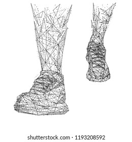 The legs go. Isolated black vector illustration in low-poly style on a white background. The drawing consists of thin lines and dots. Polygonal image of on topic of sport or health. Low poly EPS.