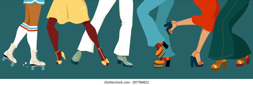 Legs of a group of people dressed in 1970s fashion dancing disco, vector illustration, no transparencies, EPS 8