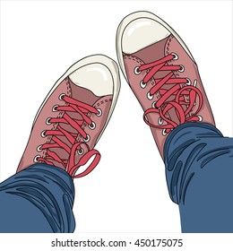 Legs with jeans in gumshoes. Vector illustration. EPS