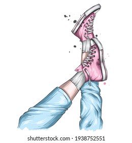 Legs in jeans and stylish sneakers. Clothes and accessories, illustration for a postcard or poster.