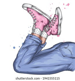 Legs in jeans and stylish sneakers. Clothes and accessories, illustration for a postcard or poster.