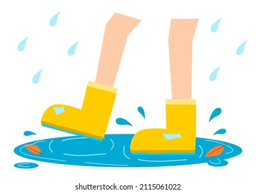 Legs kid wearing yellow boots walking in puddle water rain flat vector design.