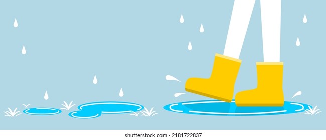 Legs kid wearing yellow boots walking in puddle water rain flat vector design.