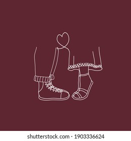 Legs of loving couple handmade doodle. Shoes. Vector linear illustration.