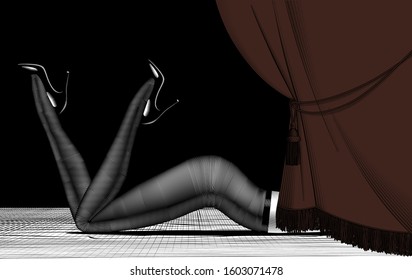 Legs of lying woman in dark pantyhose and high-heeled glossy black shoes behind the brown curtain. Vintage engraving stylized drawing.
Vector illustration.