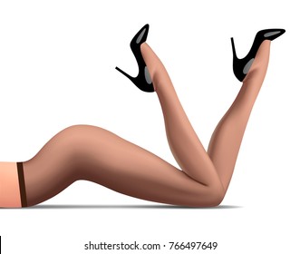Legs of lying woman in dark pantyhose and high-heeled glossy black shoes isolated on white. Fashion concept. Vector illustration