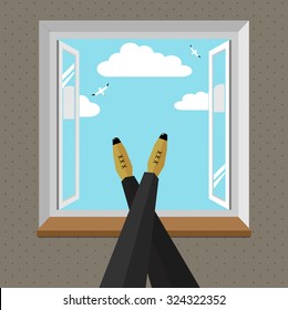 Legs. Legs of man on the windowsill.