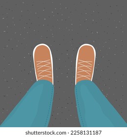 Legs of a man in sneakers. Walking on an asphalt road. Fashionable style. Top view. Flat vector illustration