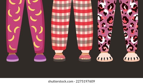 Legs in modern trendy flat design in house slippers and bright print pajamas. House and party. Holiday. Characters. Vector stock illustration. Isolated