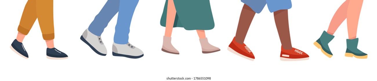Legs of multi national people group walking in boots and sneakers. African American and European people walk together. All lives matter. Flat colorful illustration isolated on white background.