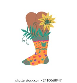 Piernas en calcetines de algodón ornamentados con girasoles debajo de la ilustración elástica, de vector dibujada a mano plana aislada sobre fondo blanco. Pies en calcetines para las impresiones de verano.