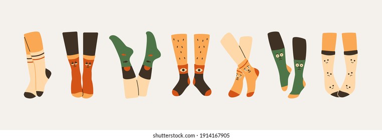 Legs in pairs of socks. Abstract male and female wearing warm underwear stylish print with vector design elements