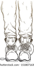 Legs in pants and boots. Drawing ink. Vector illustration.