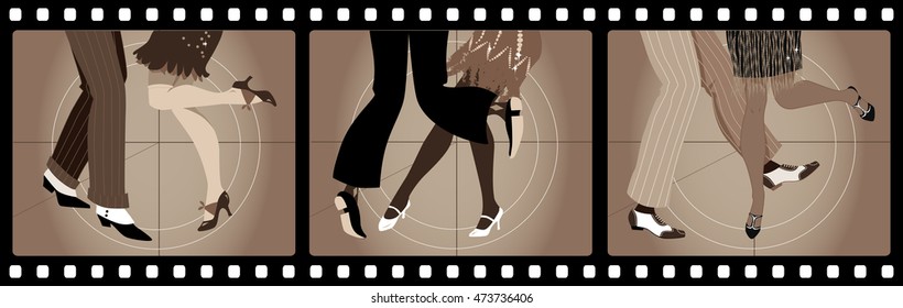 Legs of people in 1920s clothes dancing the Charleston in old movie picture frames, EPS 8 vector illustration, no transparencies