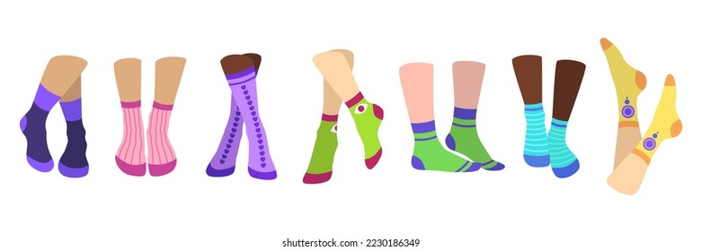 Legs of people in colorful socks vector illustrations set. Collection of cartoon drawings of colorful socks on feet of multiethnic persons isolated on white background. Accessories, fashion concept