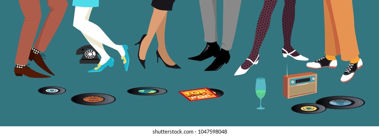 Legs of people dancing and socializing at 1950s -  1960s party, vinyl records and transistor radio on the floor, EPS 8 vector illustration