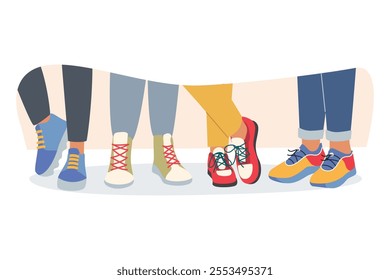 Legs of people in fashionable sneakers and sports shoes for running training or fitness classes. Legs of teenagers standing in row wearing colorful pants and sneakers for comfortable walking