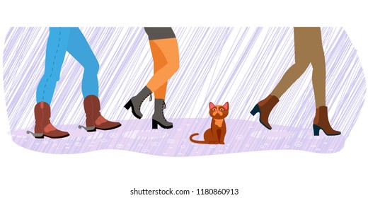 Legs of people group walking in autumn shoes. Flat design homeless cat between men and women feet on rain background. Vector illustration eps 10