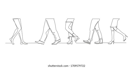 Legs of people group walking in autumn shoes. Outline drawing design men and women feet with stylish colorful clothes and footwear on white background. Vector illustration