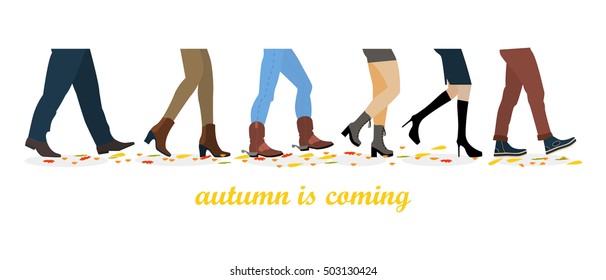 Legs Of People Group Walking In Autumn Shoes. Flat Design Men And Womenfeet With Stylish Colorful Clothes And Footwear On White Background. Vector Illustration